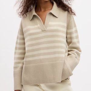 Gap 24/6 Split Hem Polo Sweater - cream & white stripe